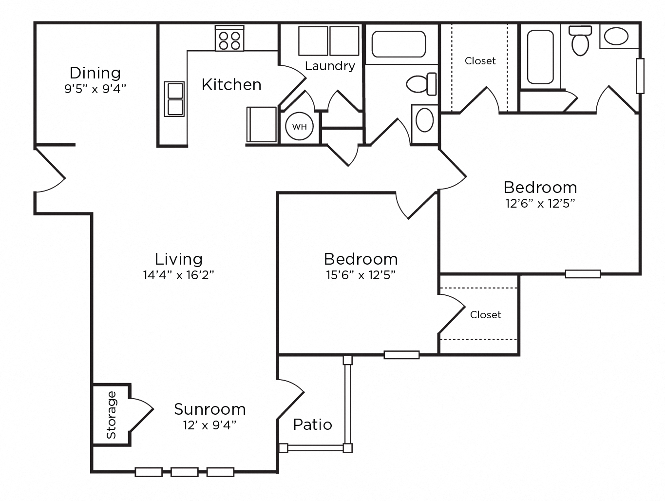 Floor plan for 2 beds, 2 baths, 1253 sqft